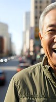 Senior Asian male smiling outdoors on urban street with blurred city skyline and traffic in background. Suitable for lifestyle, business, diversity, and portrait concepts.