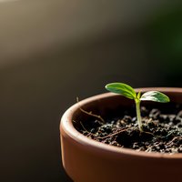 Young green seedling sprouting from dark soil in terracotta pot with soft natural lighting for gardening and growth concepts.