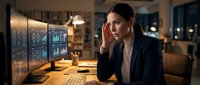 Woman in business attire analyzing data on multiple monitors at night, suitable for corporate, technology, and professional workplace concepts.