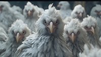 Dramatic close-up of white fluffy chickens with distinctive feathers and intense stares, creating an atmospheric group portrait against blurred background.