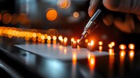 Hand holding pen writing on paper with warm bokeh lights creating atmospheric evening ambiance for business planning and creative writing projects.