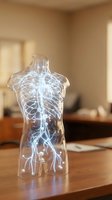 Transparent torso mannequin displaying glowing anatomical systems including skeletal, circulatory, and nervous structures with luminescent blue pathways for medical education and healthcare visualization.