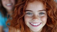Young redhead woman with natural freckles and bright smile showing white teeth. Close up portrait with green eyes and curly ginger hair. Positive facial expression.