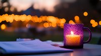 Glowing purple candle holder with bokeh lights creates cozy evening atmosphere next to open book or journal on table, perfect for relaxation and mindfulness moments.