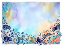 Watercolor frame with cute cats, flowers and plants on pastel background for greeting cards, invitations and decorative projects.