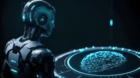 Futuristic robot observing holographic network sphere with glowing blue elements against dark background, showcasing artificial intelligence and machine learning concept.