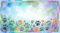 Watercolor paw prints in blue, orange, and teal with botanical elements and gold frame border on white background, suitable for pet-related designs and animal-themed projects.