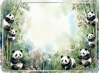 Watercolor frame with cute pandas playing among bamboo, soft green tones, copy space in center for text, great for cards and invitations.