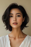 Young Asian woman with short black hair wearing white blouse against neutral background. Natural makeup, confident expression, and modern bob hairstyle create contemporary portrait.