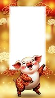 Cute cartoon pig in traditional red outfit dancing on golden background with ornate frame and blank space for text or design elements.