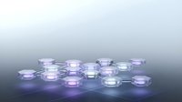 Futuristic hexagonal platforms with purple and blue neon lighting effects on reflective surface for technology presentations and digital displays.