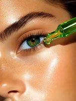 Close-up of green eye drops falling onto woman's eye with glowing skin and defined eyebrow, representing beauty treatment and skincare concept.