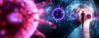 Surreal medical concept showing coronavirus cell and silhouette walking through glowing tunnel, representing pandemic journey and hope in purple-pink tones.