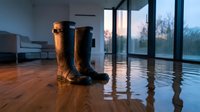 Leather boots on wooden floor in modern home interior with large windows during sunset creating warm atmospheric lighting and reflections.