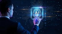 Businessman touching glowing AI brain icon with circuit board patterns on futuristic digital interface for technology and artificial intelligence concepts.