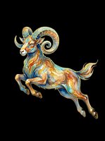 Watercolor leaping ram with golden horns and teal accents, isolated on transparent background, ready for zodiac clipart, stickers, t-shirt design, and print on demand.
