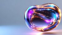 Glowing abstract shape with colorful light trails and neon effects against dark background, featuring smooth curved glass-like surface with rainbow reflections.