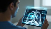 Healthcare professional analyzing digital lung scan on tablet device for medical diagnosis and respiratory system examination in clinical setting.
