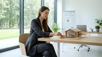 Young female real estate agent in dark business suit reviewing architectural model and documents at wooden desk in modern office with large windows overlooking green landscape.