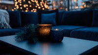 Glowing candles in decorative holders create cozy atmosphere on coffee table with pine branch against blurred bokeh lights background in dark room.