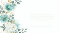 Watercolor floral corner border with turquoise and white roses, eucalyptus leaves on cream background for wedding invitations and stationery design.