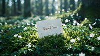 Thank you card resting on lush green moss surrounded by white wildflowers in a sunlit forest, expressing gratitude in nature.