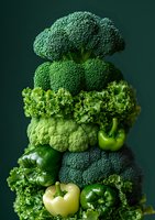 Fresh green vegetables stacked in creative composition with broccoli, cauliflower, bell peppers and kale on dark background. Healthy eating concept.