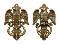 Brass eagle door knocker with shield and spread wings, featuring dual-sided design with ornamental details and mounting holes, suitable for home decor, hardware applications, and vintage-inspired architectural projects.