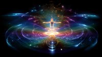 Glowing ethereal figure radiates cosmic energy waves in vibrant blues, purples and gold, creating symmetrical patterns against dark space background. Spiritual meditation concept.