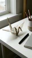 Handmade origami paper crane on white desk with pencils and notebook in natural window light for creative workspace and mindfulness concepts.
