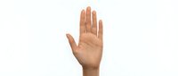 Human hand showing open palm in stop gesture on white background isolated for design and communication concepts.