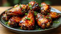 Glazed chicken wings with sticky sweet and spicy sauce garnished with fresh chopped green onions served on ceramic plate, close up view of appetizing party food.