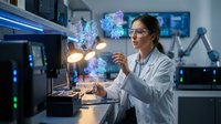 Female scientist in white lab coat working with holographic molecular structures in modern laboratory with advanced equipment and blue lighting effects.
