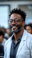 Smiling African American male doctor with glasses and beard wearing white lab coat in modern medical facility for healthcare and medicine concepts.