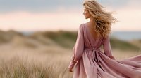 Young blonde woman in flowing pink dress walking through golden grass field at sunset with hair blowing in wind creating dreamy romantic atmosphere.