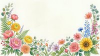 Watercolor floral border with colorful garden flowers, roses, sunflower, peonies and greenery on white background with copy space.