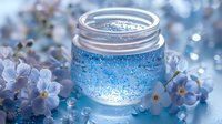 Magical glowing blue liquid in glass jar surrounded by delicate forget-me-not flowers and water drops, creating ethereal atmosphere with bokeh light effects.