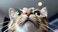 Close up portrait of curious cat with bright blue eyes looking up at glowing light, nose and whiskers in focus against blurred background. Pet photography.