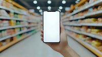 Hand holding modern smartphone with blank white screen in supermarket aisle with blurred grocery store shelves in background. Mockup for shopping app or mobile commerce.