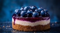 Homemade cheesecake topped with fresh blueberries and berry sauce on graham cracker crust against dark background, selective focus on dessert.