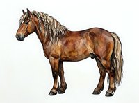 Brown horse standing in profile with flowing mane and tail, isolated on white background. Suitable for equestrian designs, educational materials, and animal-themed projects.