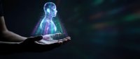 Holographic human head projection floating above open palm showcasing futuristic technology, artificial intelligence and digital innovation concepts.