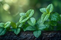 Fresh mint leaves with water drops growing on dark wood in soft morning light against blurred natural green background with bokeh effect.