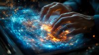 Mystical hands manipulating glowing cosmic energy above digital tablet, creating magical galaxy effect with blue and orange light particles in dark space.