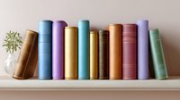 Row of colorful vintage hardcover books standing on white wooden shelf with small glass vase and green plant, home library interior decoration.
