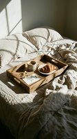 Breakfast in bed with croissant, coffee, daisy flowers and a thank you note on a rustic wooden tray, soft morning sunlight on linen bedding.