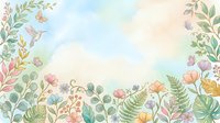 Soft watercolor floral border with hummingbird, butterflies, and pastel wildflowers on a dreamy sky background, perfect for cards and invitations.