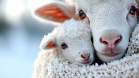 Young white lamb with mother sheep in close up portrait showing tender bonding moment against soft blurred background, highlighting innocence and maternal care in nature.