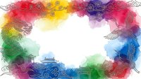 Colorful watercolor frame with ornate swirls and decorative elements creating vibrant border for text, invitations, greeting cards and artistic designs.