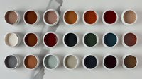 Rows of small ceramic bowls filled with various natural earth tone pigments and dyes arranged in organized pattern on light background for art and design projects.
